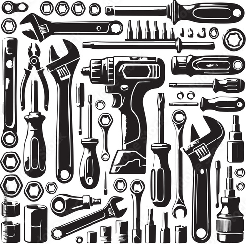 Black Ratchet and Socket Set Silhouette Vector, High Quality Illustration on White Background