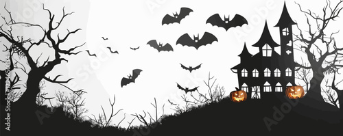 Spooky halloween vector scene with haunted castle and bats.