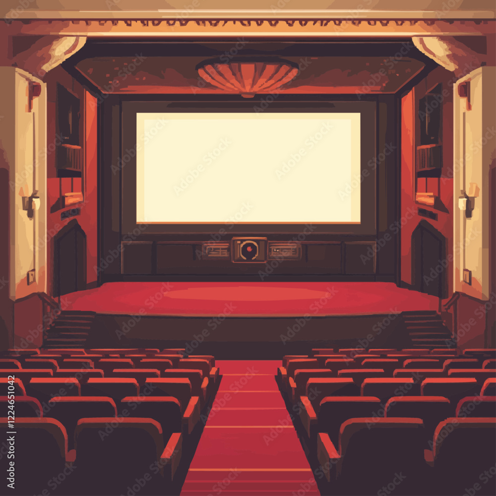 Fototapeta premium Cozy vintage theater vector scene with empty auditorium and screen.