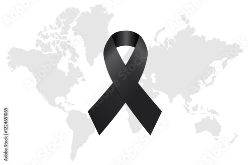 Black awareness ribbon on white background. Mourning and melanoma symbol.