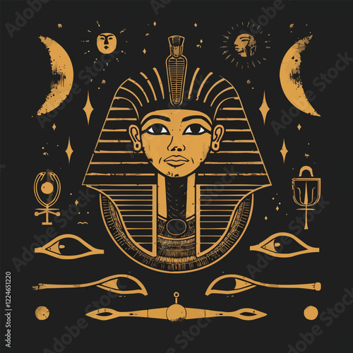 Ancient egyptian pharaoh vector art with mystical symbols.