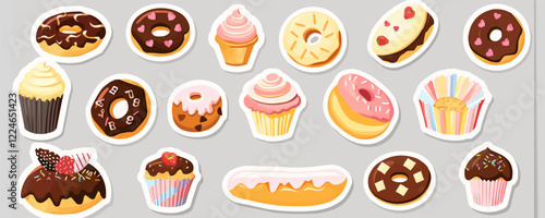 Colorful vector desserts collection with donuts, cupcakes, and pastries.