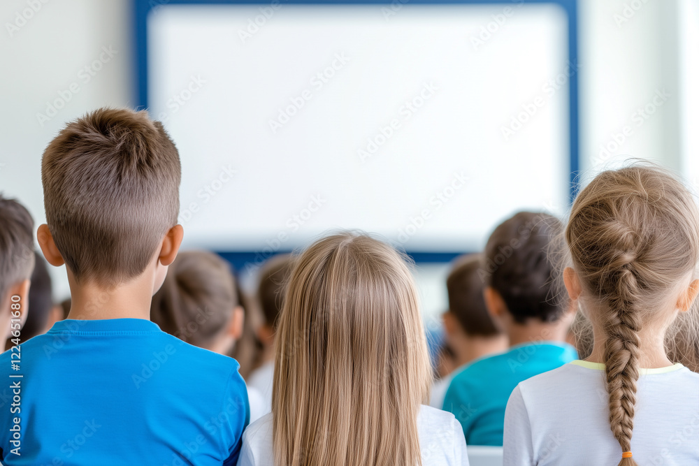 A group of children sitting in a classroom, facing a blank whiteboard. The focus is on their backs, showcasing their hairstyles and clothing. The atmosphere is educational and engaging. A group of children sitting in a classroom, facing a blank whiteboard. The focus is on their backs, showcasing their hairstyles and clothing. The atmosphere is educational and engaging.