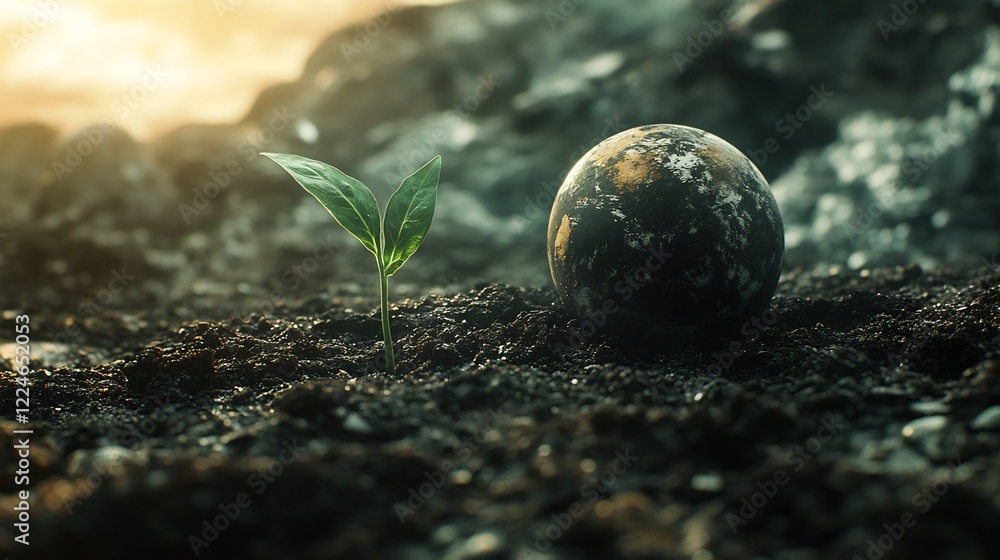 Hopeful Sprout Rises Near Darkened Globe. AI Generated Hopeful Sprout Rises Near Darkened Globe. AI Generated