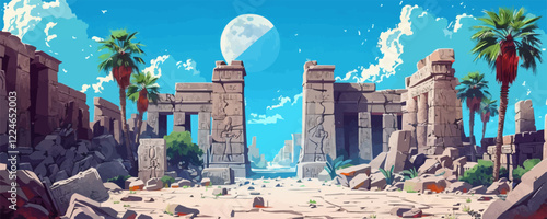 Vector ancient ruins under moonlit sky with palm trees and stone structures.