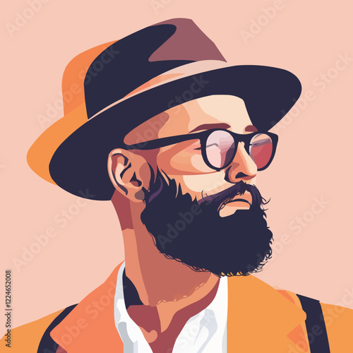 Stylish bearded man wearing hat and glasses - vector art portrait.