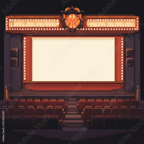 Retro cinema theater vector artwork with marquee and empty seats.