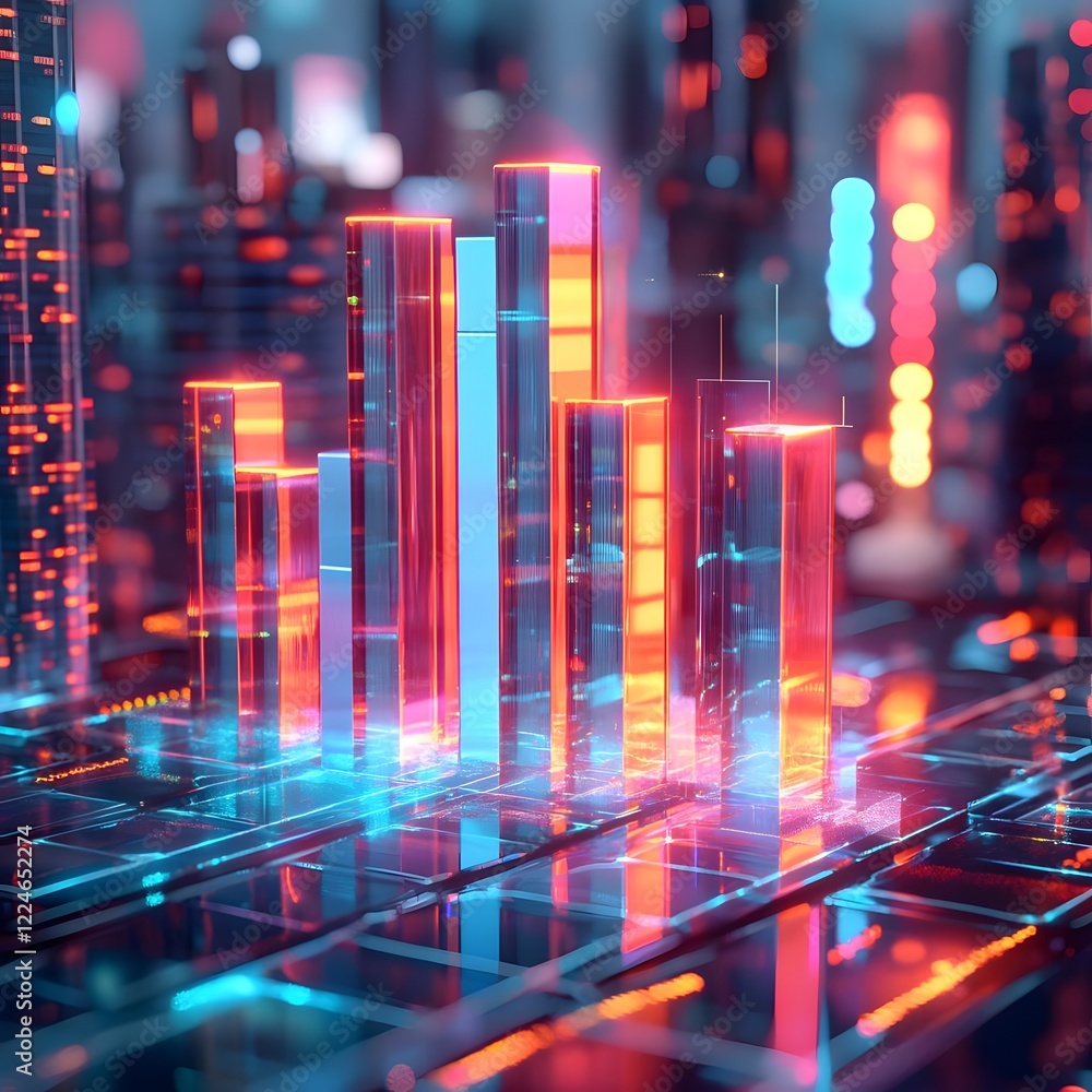 A futuristic data visualization featuring glowing, transparent bar graphs in a digital environment. A futuristic data visualization featuring glowing, transparent bar graphs in a digital environment.