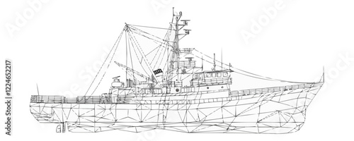 Vector fishing vessel in geometric wireframe style.