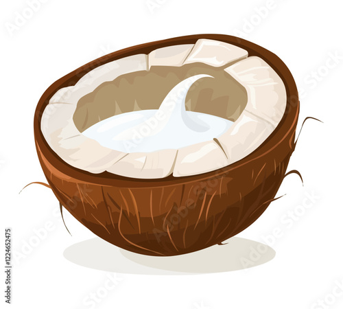 Vector coconut with splashing milk isolated on white background.