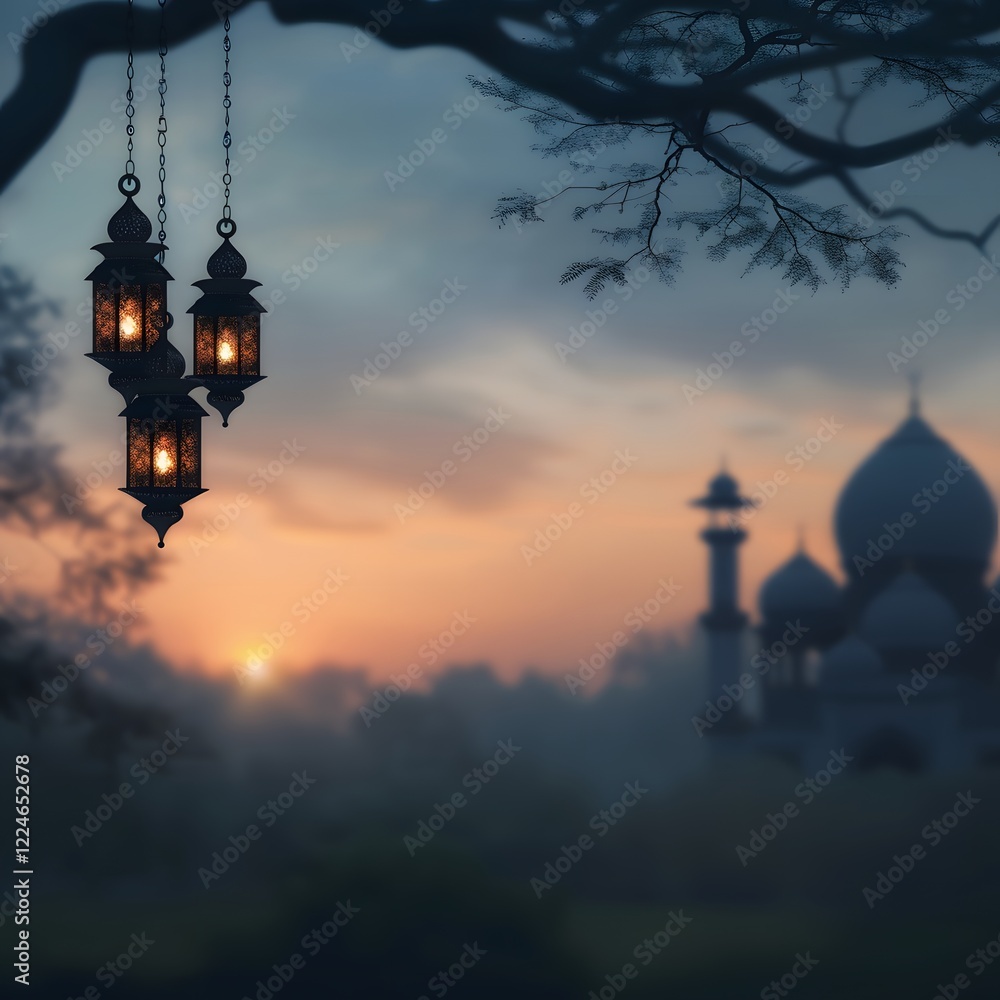Obraz premium Sunset Mosque Lanterns Hanging Dusk Festive