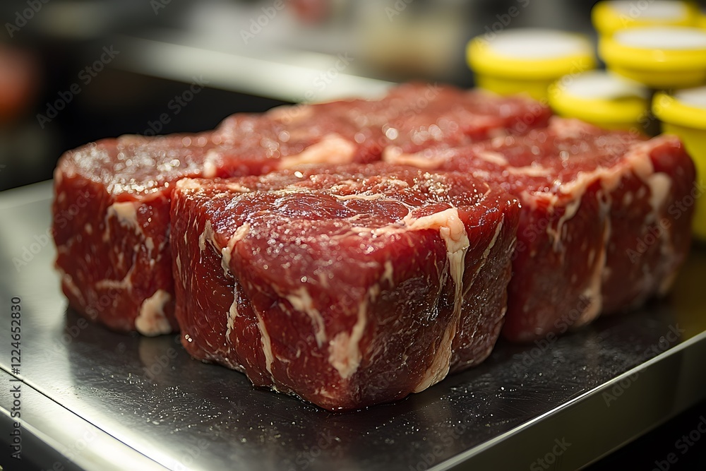 Fresh Raw Beef Steaks on Metal Counter for Culinary and Butchery Use Fresh Raw Beef Steaks on Metal Counter for Culinary and Butchery Use