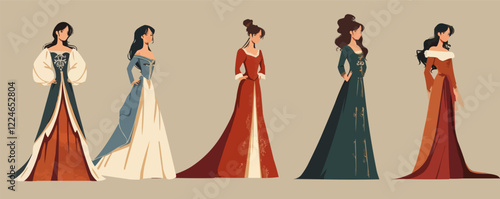 Elegant medieval fashion vector with five women in historical dresses.
