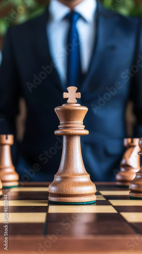 Wallpaper Mural A focused view of a chess king piece on a board, with a businessman in the background, symbolizing strategy and decision-making. Torontodigital.ca