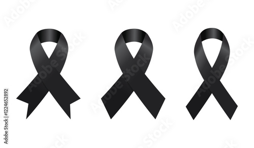 Set of Black awareness ribbon on a white background. Mourning and melanoma symbol.