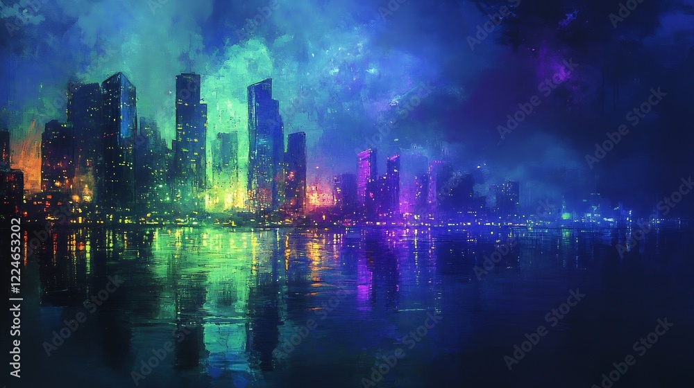 Fototapeta premium Vibrant neon cityscape reflects magically in calm water at night. AI Generated