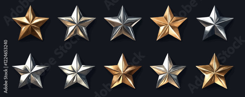Vector metallic stars set in gold and silver tones on dark background.
