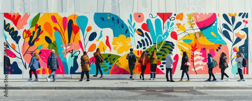 Colorful vector mural with people walking by vibrant abstract artwork.