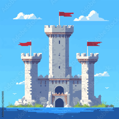 Medieval vector castle with red flags and blue sky background.