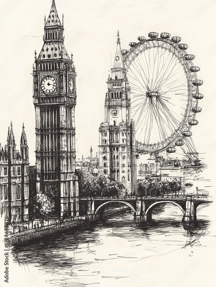 Fototapeta premium Hand-drawn illustration of London skyline with Big Ben and Tower Bridge