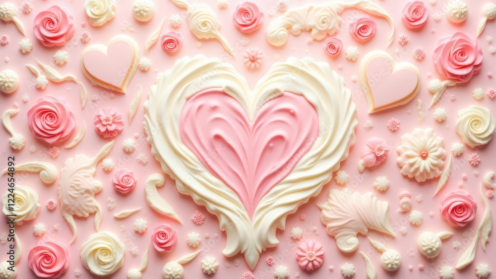 Fototapeta premium Elegant swirling hearts dance among delicate cream and rose patterns.