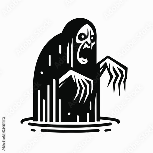 Spectral Swamp Creature: A terrifying illustration of a monstrous figure emerging from murky swamp waters, rendered in stark black and white with a bold graphic style.