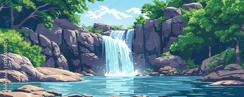 Peaceful vector nature scene of forest waterfall with rocks and flowing stream.