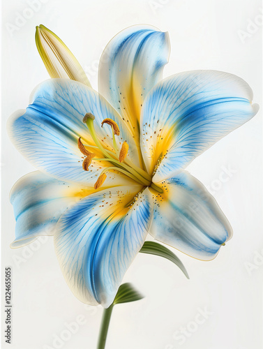 Pastel blue and yellow lily flower captured in high definition with studio lighting against a white background
