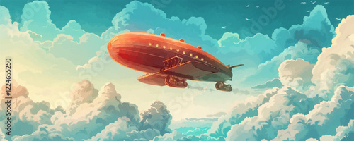 Vintage airship soaring amongst clouds vector artwork.