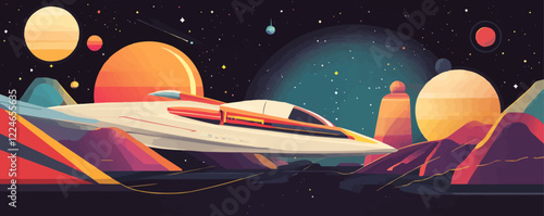 Futuristic spacecraft in colorful space vector art with planets and stars.