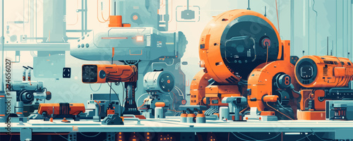Futuristic industrial machines vector with orange and gray tones.
