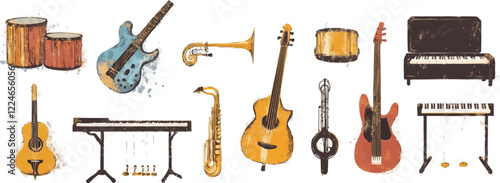 Vector collection of musical instruments in artistic style.