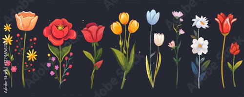 Colorful vector floral arrangements on dark background.