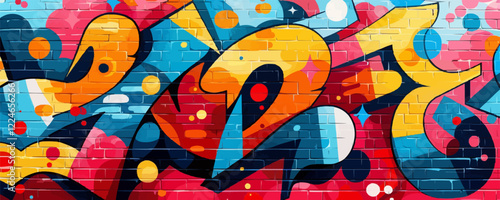 Vibrant graffiti art on brick wall in vector style.