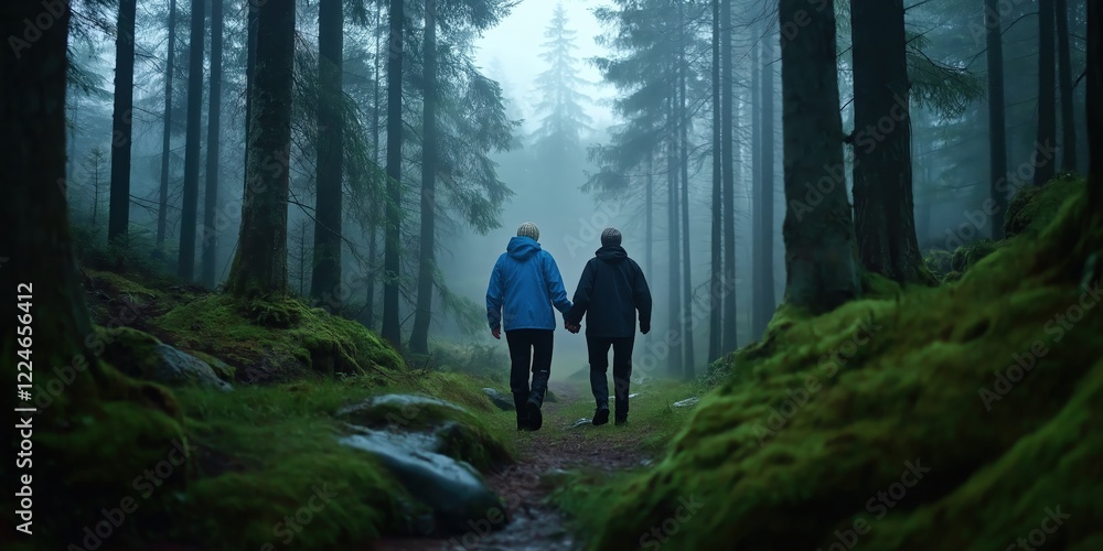 Obraz premium A senior couple strolling through a misty forest in the early morning