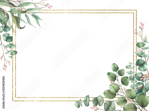 Eucalyptus plant and Gypsophila flower twig with gold framed. Watercolor floral rectangular template. Green branches with round leaves and pink buds. Hand drawn illustration isolated from background 