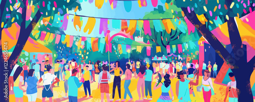 Vibrant summer festival scene vector with colorful decorations and people.