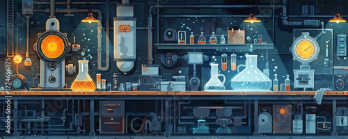 Vector art of a mysterious laboratory with glassware and apparatus.