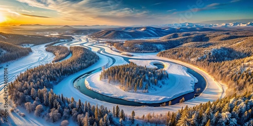 Frozen Siberian River: Aerial View of Verkhoyansk Mountains, Sakha Republic photo