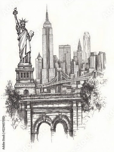 Hand-drawn illustration of New York City skyline photo