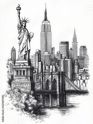 Hand-drawn illustration of New York City skyline