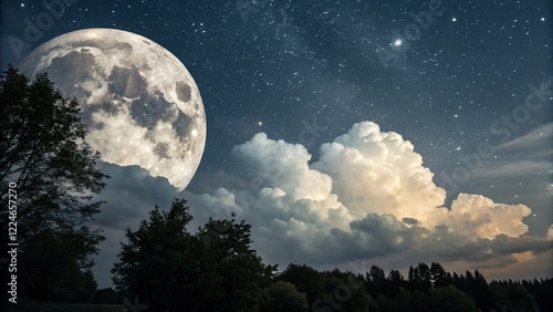 Full Moon Hidden Behind Clouds, Night Sky, Stars, Celestial, Mystical Night
