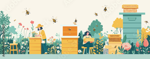 Vector beekeeping scene with beehives and flowers in a garden.