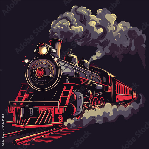 Steam locomotive vector design with retro aesthetic and dramatic colors.