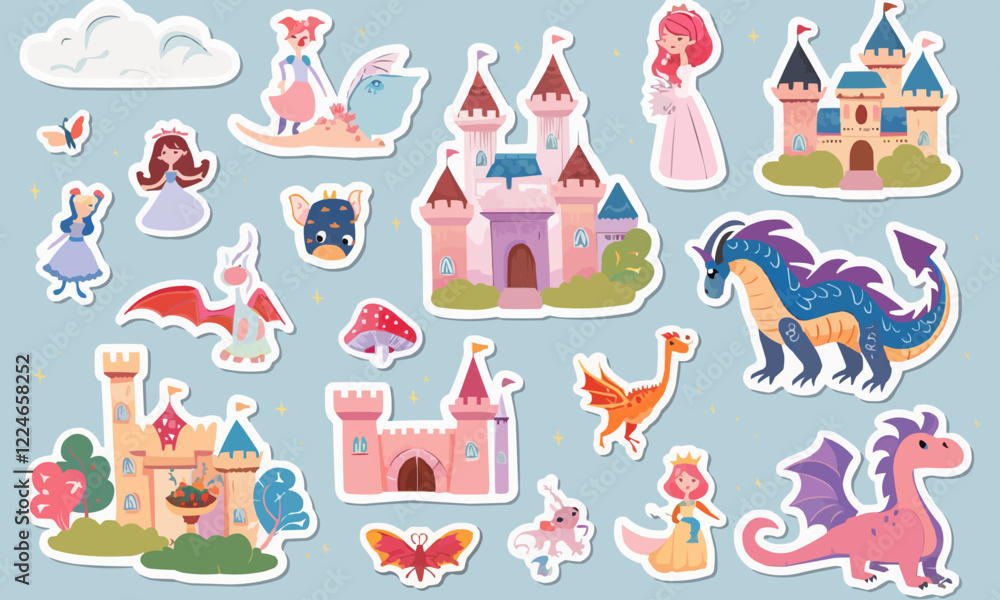 Vector fairytale elements featuring castles, dragons, and princesses. Vector fairytale elements featuring castles, dragons, and princesses.