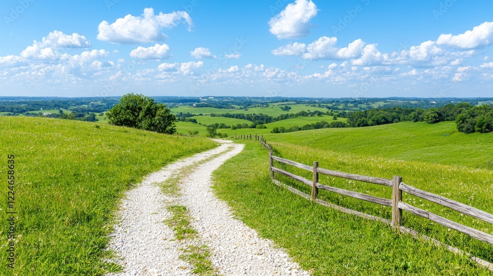 Rolling hills, gravel road, summer day, scenic countryside view, ideal for travel brochures Rolling hills, gravel road, summer day, scenic countryside view, ideal for travel brochures