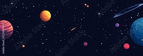 Colorful vector of outer space with planets and stars.