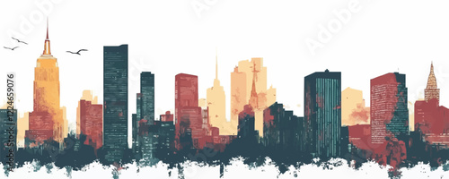 Urban cityscape vector with vibrant building silhouettes and birds.