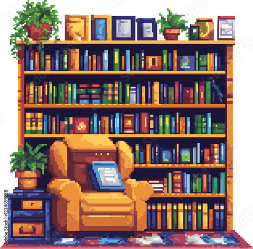 Cozy library scene with armchair and bookshelf vector.