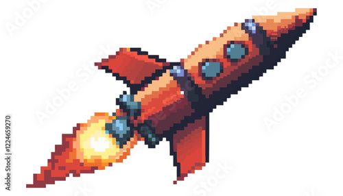 Retro pixel rocket vector with bright flames.